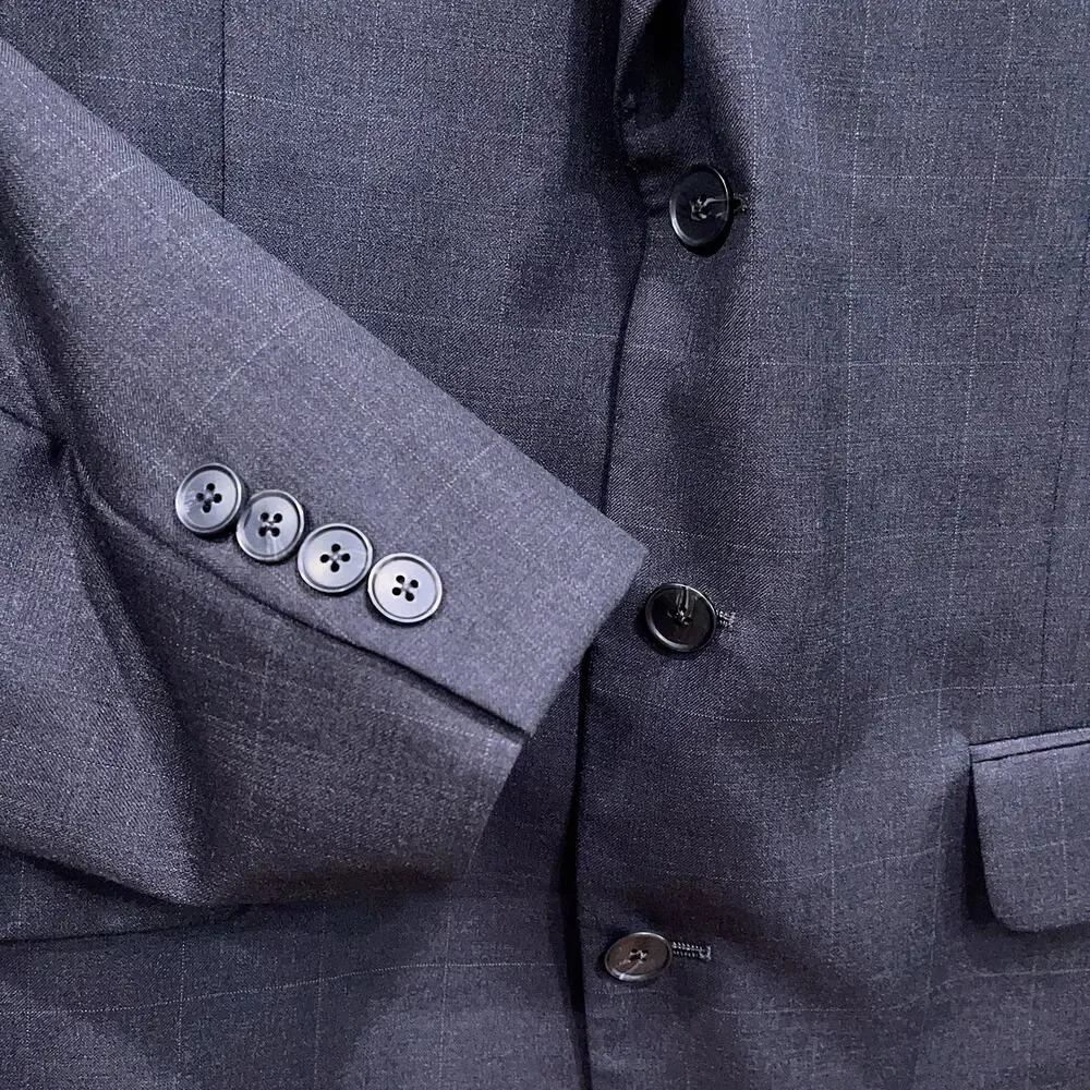 Jack Victor Wool Windowpane Suit Charcoal Gray Mens 42R 36x29 Pleated Pants